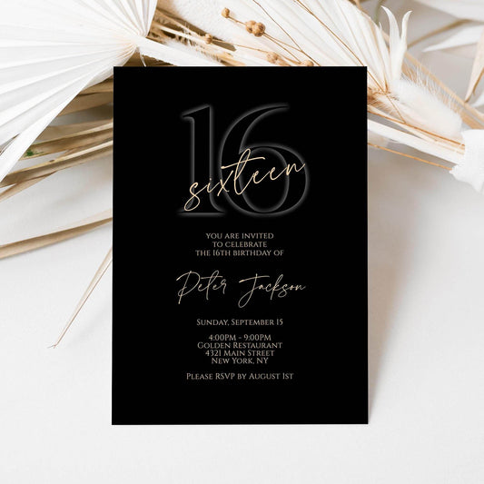Black 16th Birthday Invitation for Boy, Elegant Printable Sixteen Invite, Editable Template, Text Message Evite, Instant Download