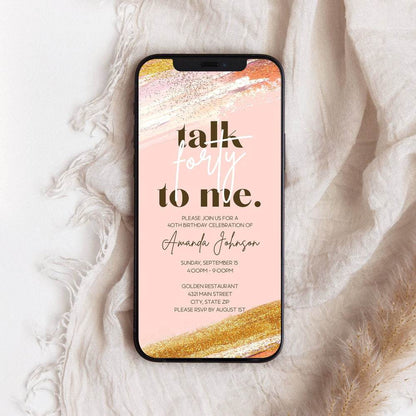Electronic 40th Birthday Invitation Template – “Talk Forty to Me” Pink & Gold Glitter Digital Evite | Editable Text Message Invite for Women | Instant Download