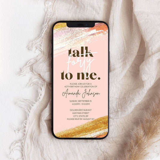 Electronic 40th Birthday Invitation Template – “Talk Forty to Me” Pink & Gold Glitter Digital Evite | Editable Text Message Invite for Women | Instant Download