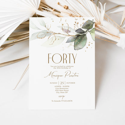 Editable Forty 40th birthday Invitation Card Template, Printable Greenery Gold Leaves Birthday Invite, Digital Template, Email Text Message