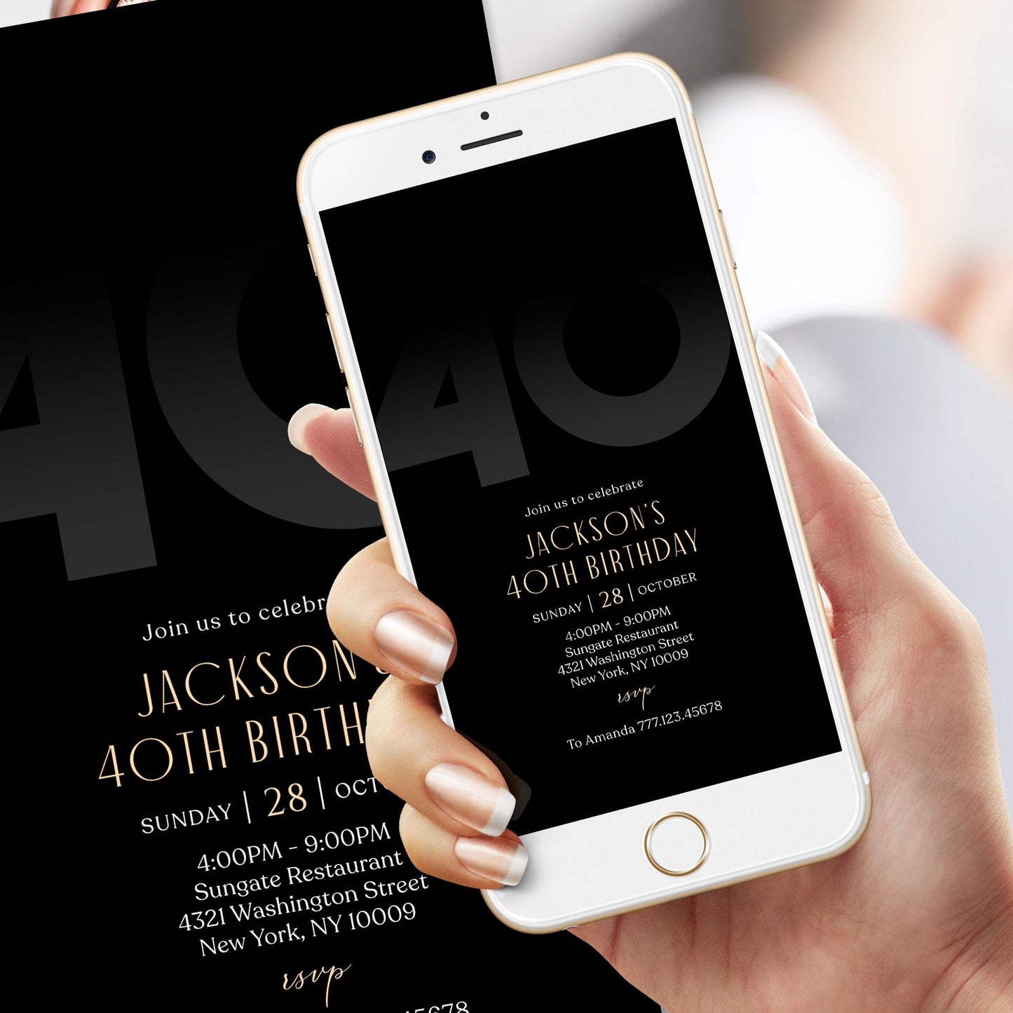 Digital Black 40th Forty Birthday Invitation Template, Electronic Party Invite for Him, Simple Black Elegant Invitation, Text Message Evite