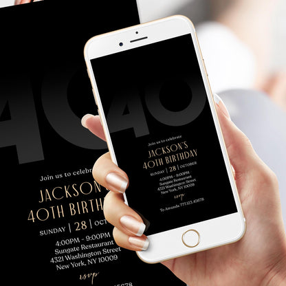 Digital Black 40th Forty Birthday Invitation Template, Electronic Party Invite for Him, Simple Black Elegant Invitation, Text Message Evite