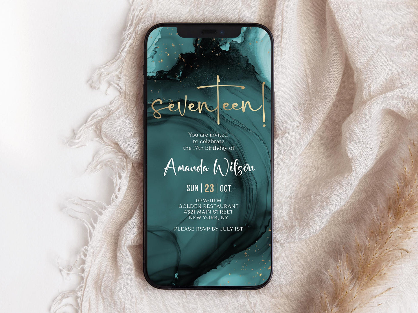 Digital Teal Gold 17th Seventeen Birthday Invitation Template, Electronic Modern Party Invite, Editable Boy Girl Invite, Text Message Evite