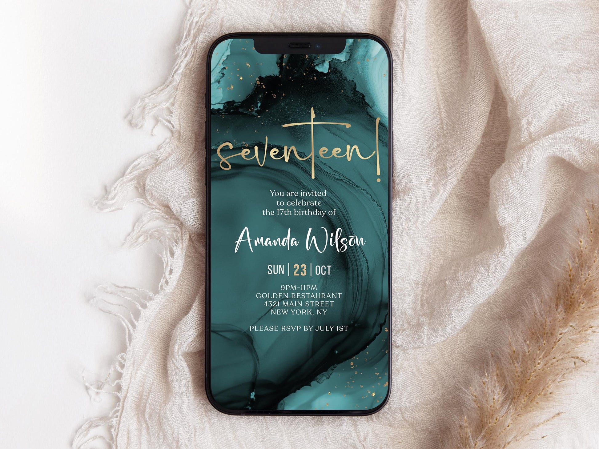 Digital Teal Gold 17th Seventeen Birthday Invitation Template, Electronic Modern Party Invite, Editable Boy Girl Invite, Text Message Evite