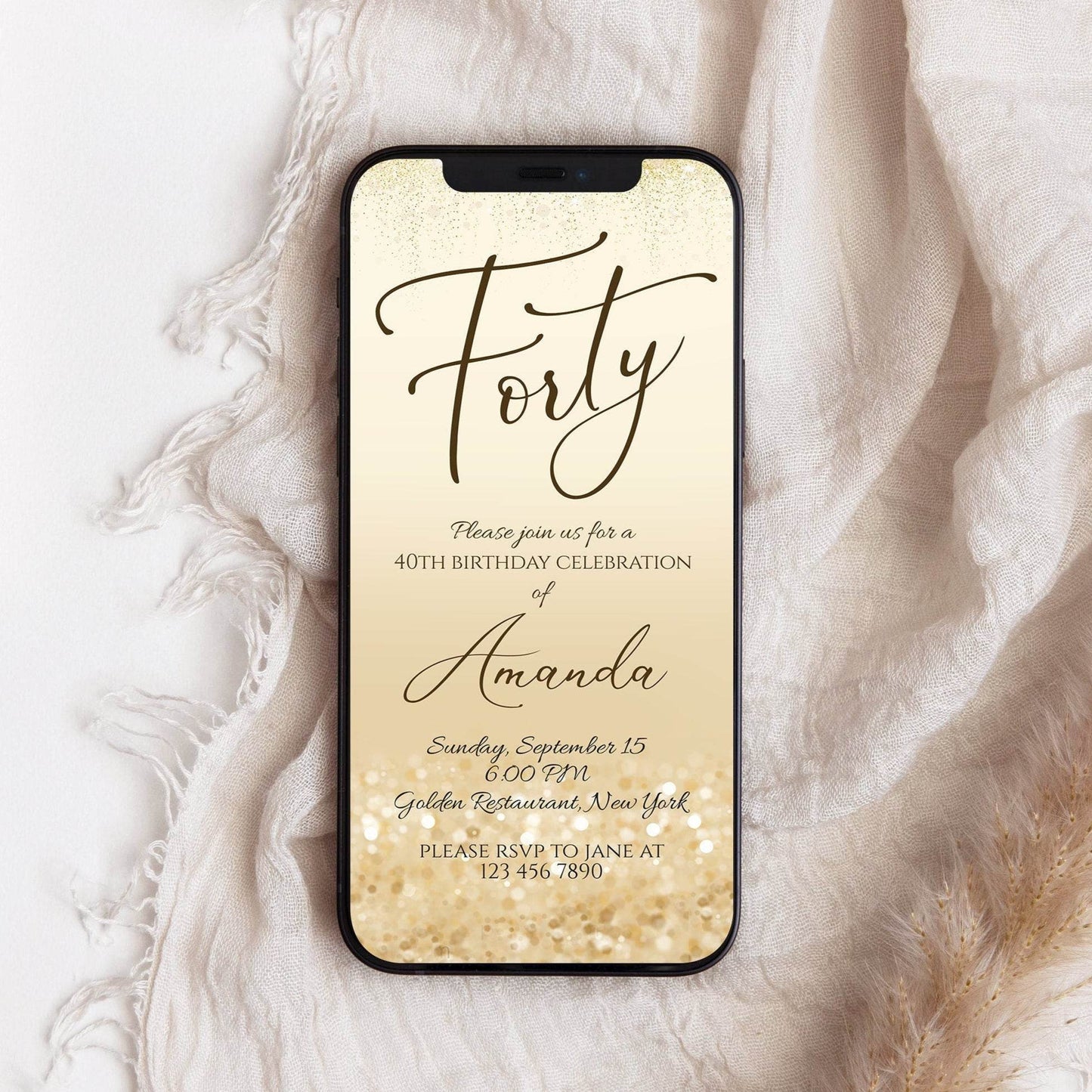 Electronic 40th Forty Birthday Evite Text Message Invitation Template | Editable Gold Birthday Invite | Digital Phone Invitation | Instant Download