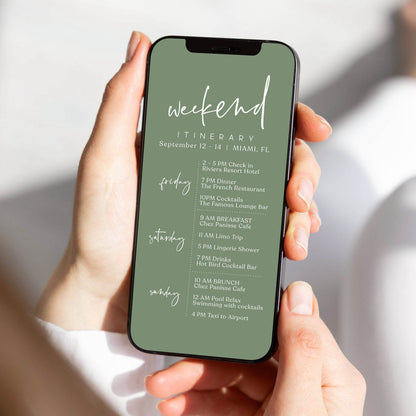 Sage Green Digital Weekend Itinerary Template, Editable Birthday or Bachelorette Mobile Schedule, Electronic Itinerary Text Message Evite