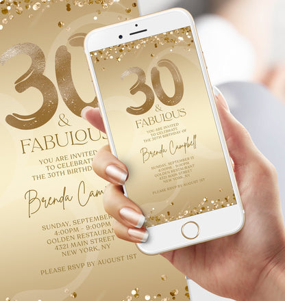 Digital Thirty and Fabulous Dinner Party Invite, 30th Birthday Invitation, Editable Gold Ladies Evite, Electronic Phone Text Message Evite