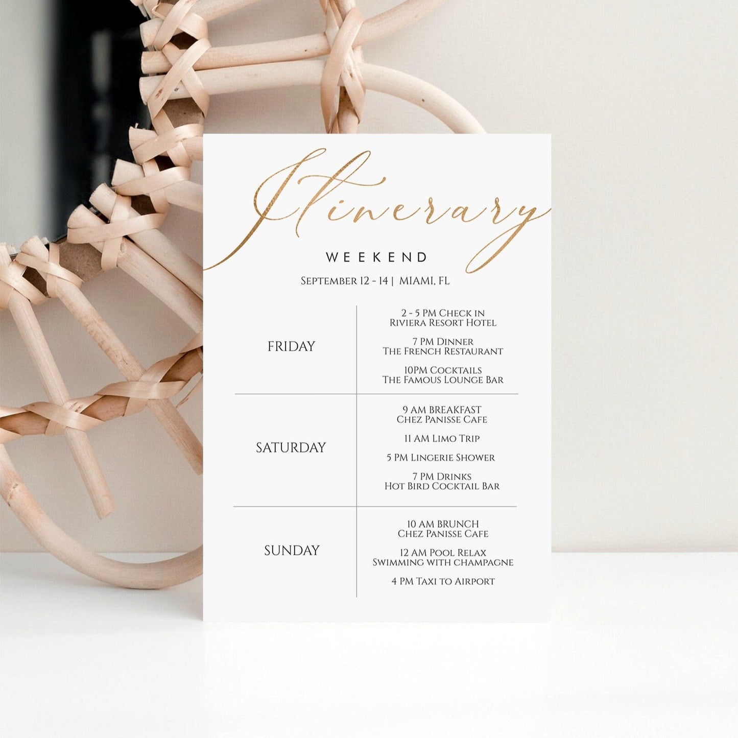 Gold Elegant Itinerary Template | Printable & Editable Weekend Schedule | Hens Party, Bachelorette, Birthday Weekend Planner | Instant Download