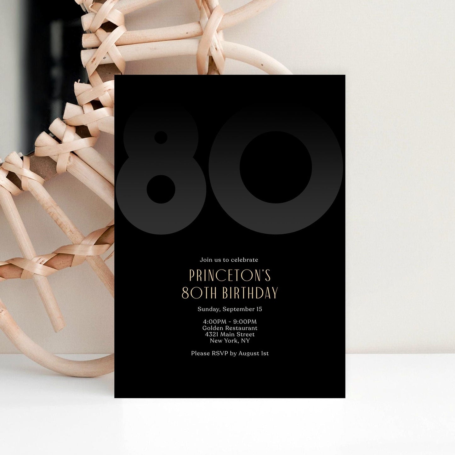 Black 80th Eighty Birthday Invitation Template, Editable Modern Party Invite for Him, Printable Black Elegant Invitation, Instant Download