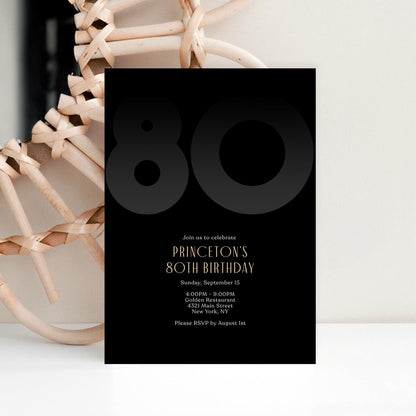 Black 80th Eighty Birthday Invitation Template, Editable Modern Party Invite for Him, Printable Black Elegant Invitation, Instant Download