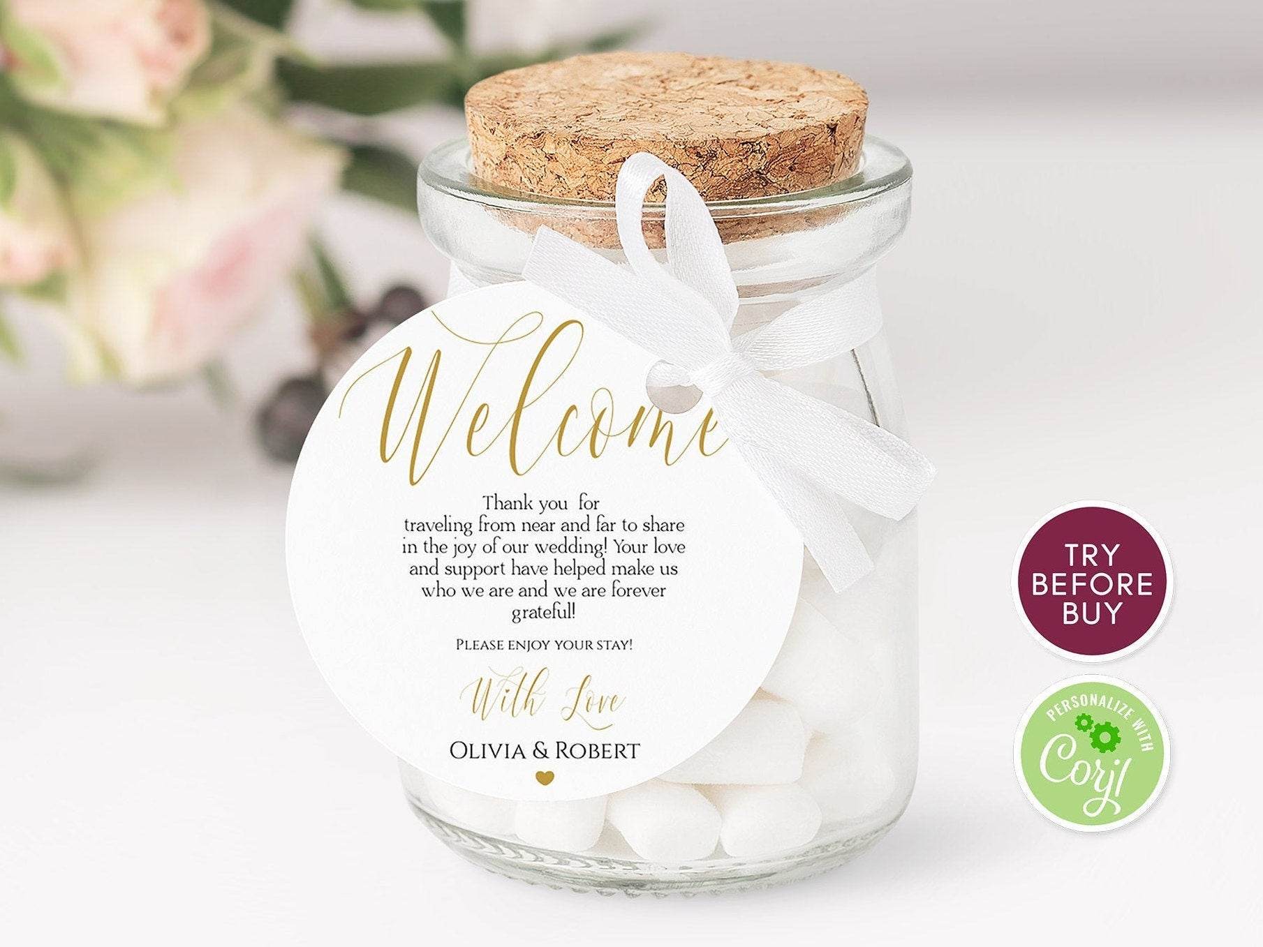 Printable Wedding Welcome Tag, Editable Gold Round Welcome Bag Tag, Wedding Favor Tag Template, Instant Download Digital Favors