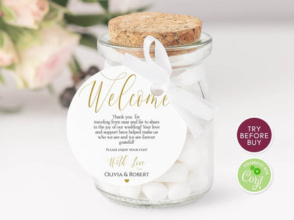 Printable Wedding Welcome Tag, Editable Gold Round Welcome Bag Tag, Wedding Favor Tag Template, Instant Download Digital Favors