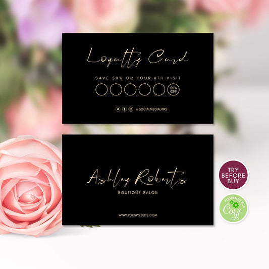 Editable Loyalty Card, Luxury Modern Black & Gold Minimalist Style, Business, Instant Download, Customer Loyalty Card, Reward Card Template