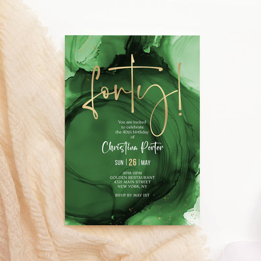 Green & Gold 40th Birthday Invitation | Editable Emerald Surprise Party Invite | Printable Digital Birthday Template | Instant Download