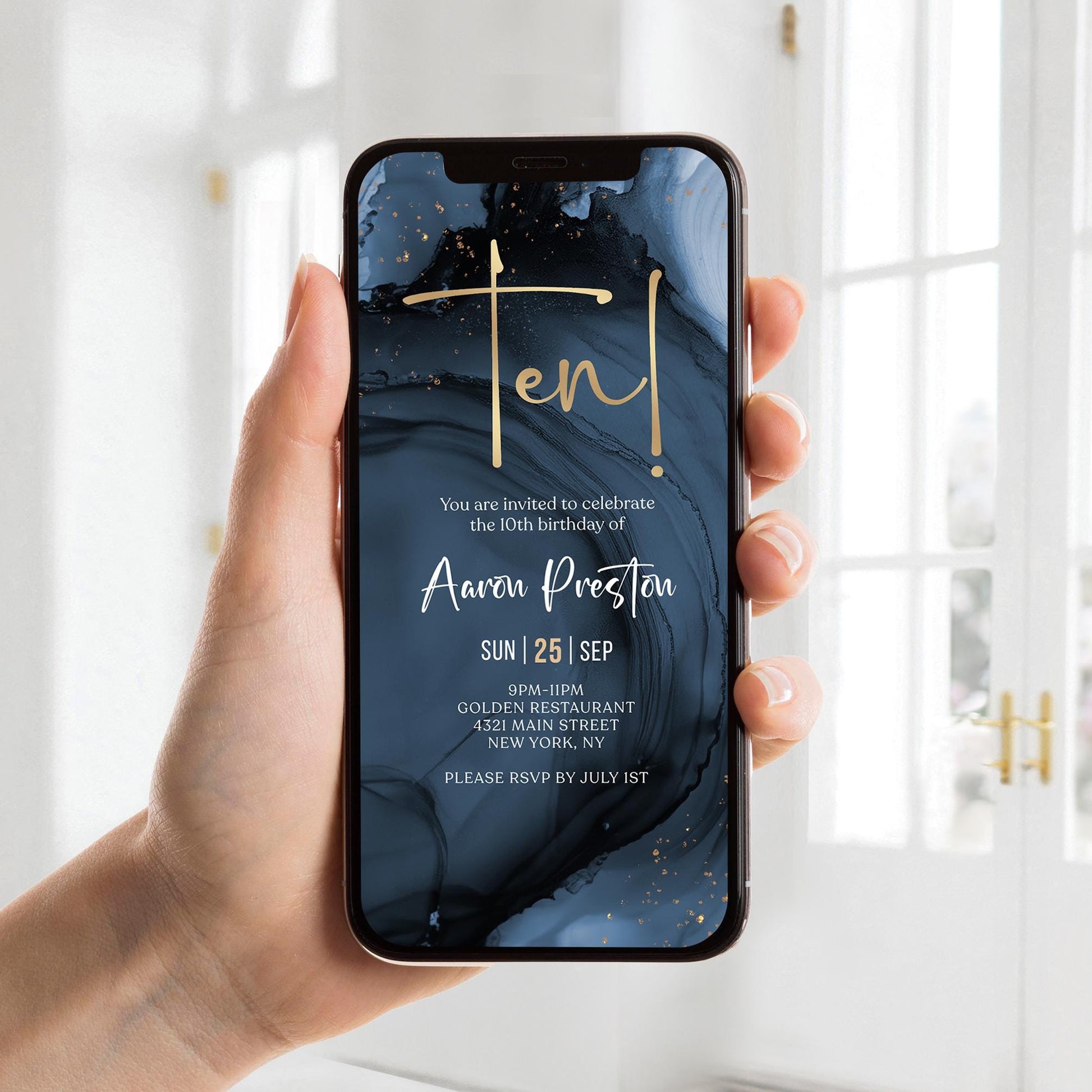 Blue Navy Gold 10th Birthday Invitation | Digital Boy Birthday Party Invite | Editable Text Message Evite | Instant Download