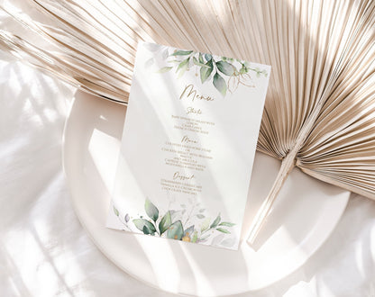 Greenery Watercolor Menu Card Template, Printable Wedding Menu, Birthday Menu Template, Bridal Shower Menu, Editable Dinner Menu, Digital