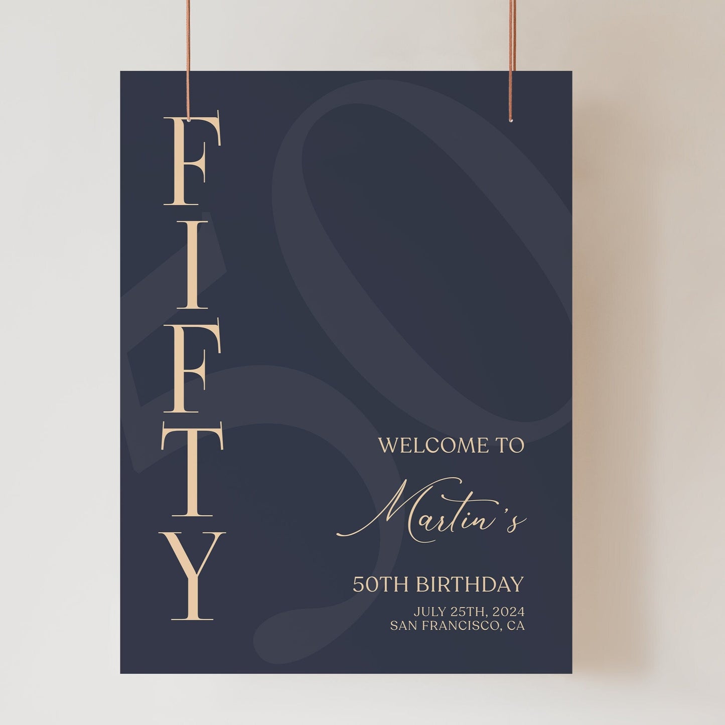 Printable 50th Birthday Welcome Sign Template - Navy Blue and Gold | Instant Download