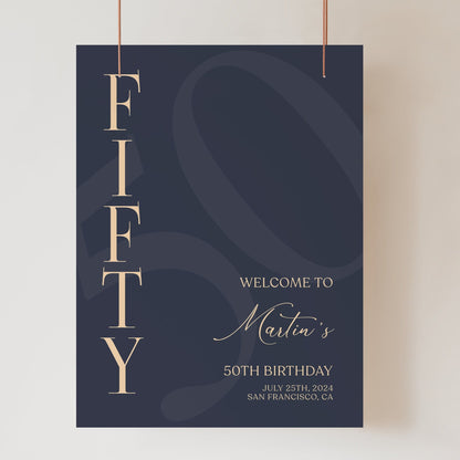 Printable 50th Birthday Welcome Sign Template - Navy Blue and Gold | Instant Download