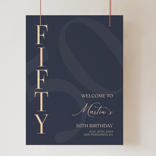 Printable 50th Birthday Welcome Sign Template - Navy Blue and Gold | Instant Download