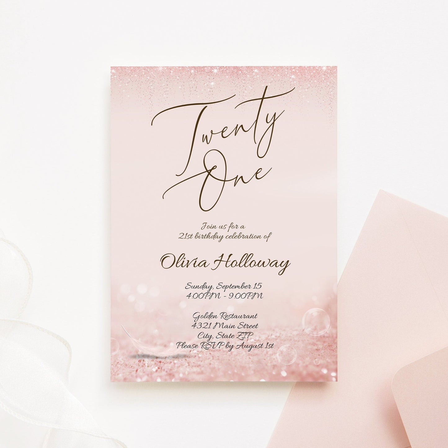 Printable Rose Gold Glitter Twenty One Birthday Invitation, Editable Template, Digital 21st Birthday Party Invite, Instant Download