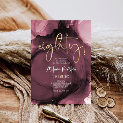 Purple Maroon Gold 80th Eighty Birthday Invitation Template, Printable Birthday Invite, Editable Surprise Birthday Invitation, Digital Download