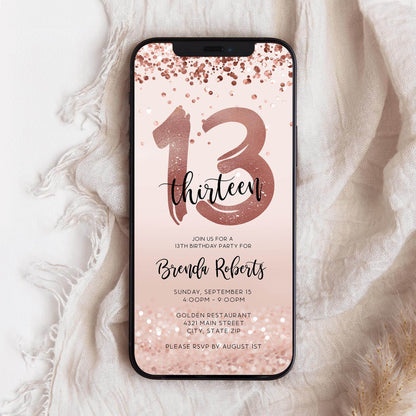 13th Birthday Invitation Template | Pink Rose Gold Confetti Digital Invite | Editable Girl Teen Party Evite | Text Message Electronic Card | Instant Download