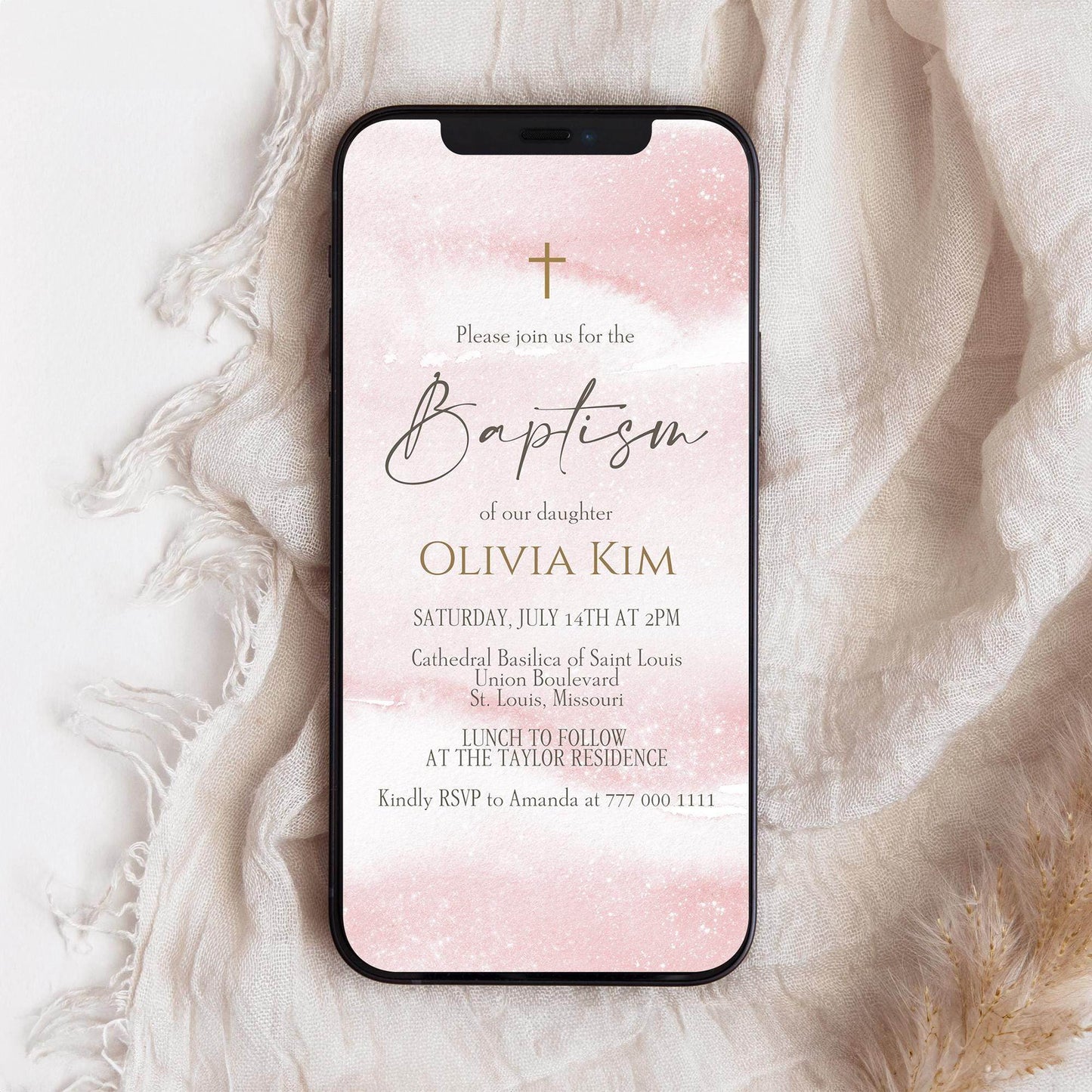 Digital Girl Baptism Invitation – Editable Pink Watercolor Christening Evite Template – Gold Text Message Invite – Girls Baptism or Christening eCard