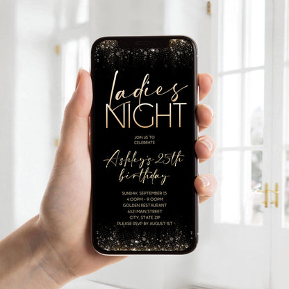 Black Gold Let's Party E-Invite, Ladies Night Birthday Invitation, Black Gold Foil Text Message Invite, Digital Invitation, Instant Download