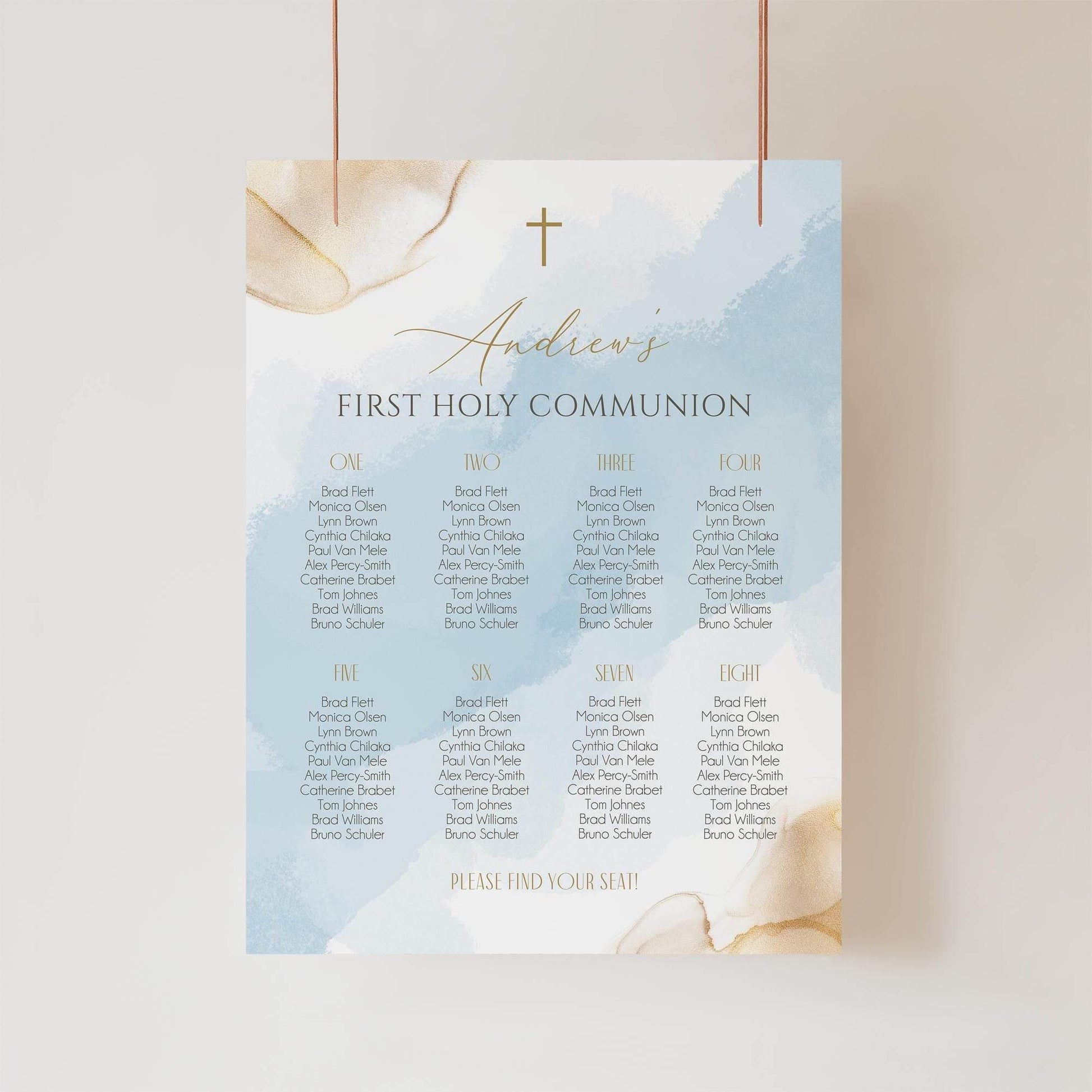 First Holy Communion Seating Chart Sign Template, Blue Gold Seating Chart, Editable Seating Chart, Boy First Communion Seating Sign Poster