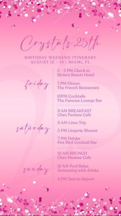 Electronic Pink Birthday Weekend Itinerary Template – Editable Fuchsia Event Schedule | Digital Birthday Itinerary Evite | Text Message Invite | Instant Download
