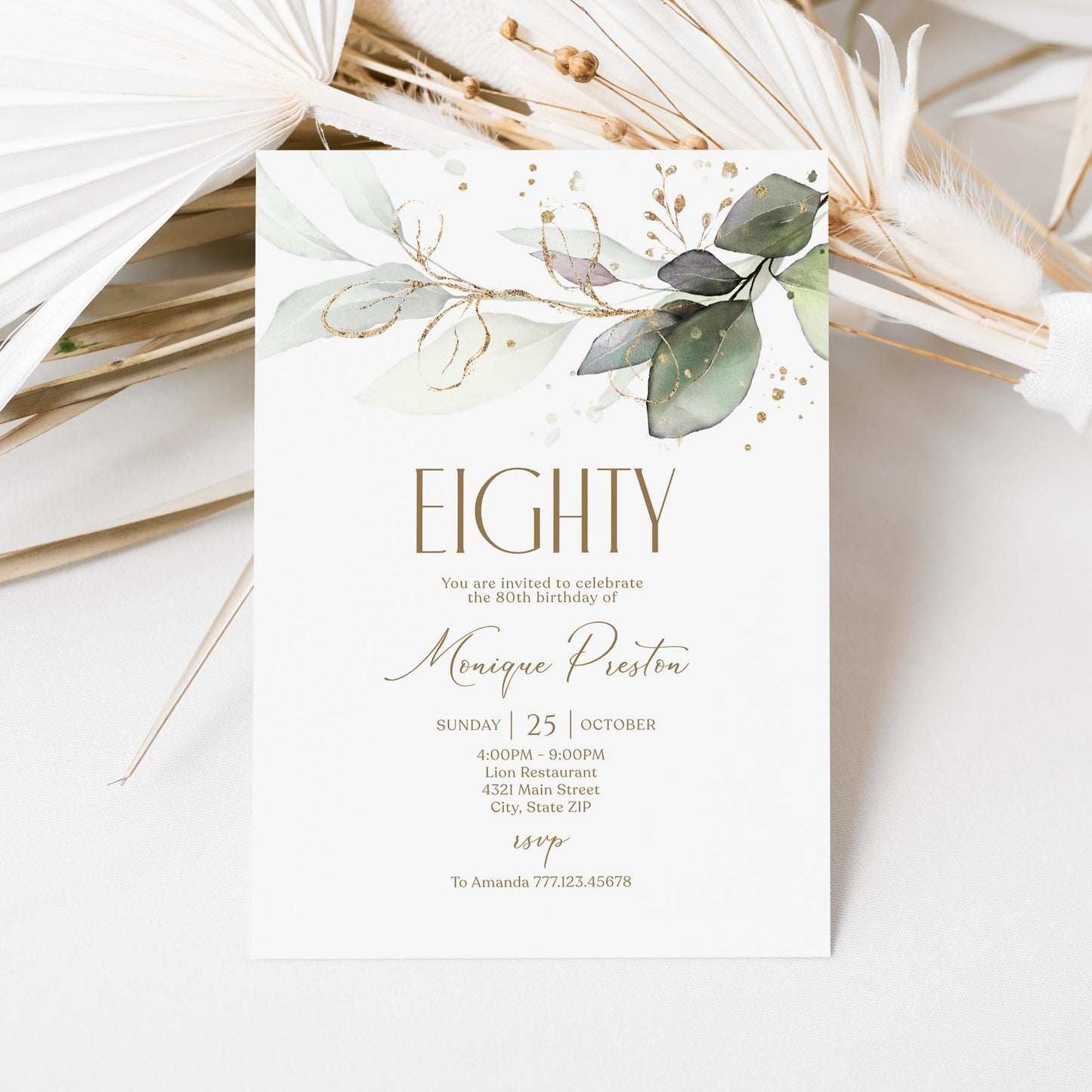 Editable Eighty 80th birthday Invitation Card Template, Printable Greenery Gold Leaves Birthday Invite, Digital Template, Email Text Message