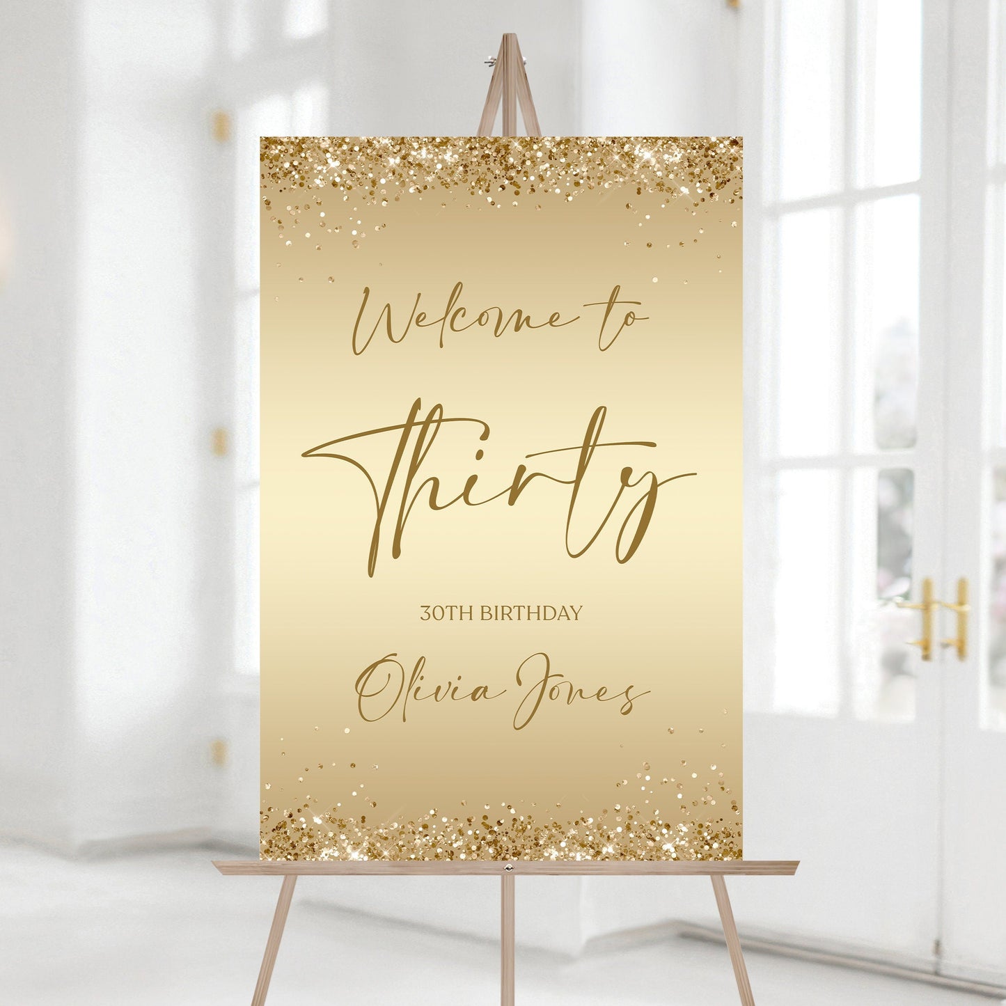 Printable Gold 30th Thirty Birthday Party Welcome Sign, Editable Template, Modern Gold Birthday Welcome Sign Template, Gold Foil Confetti