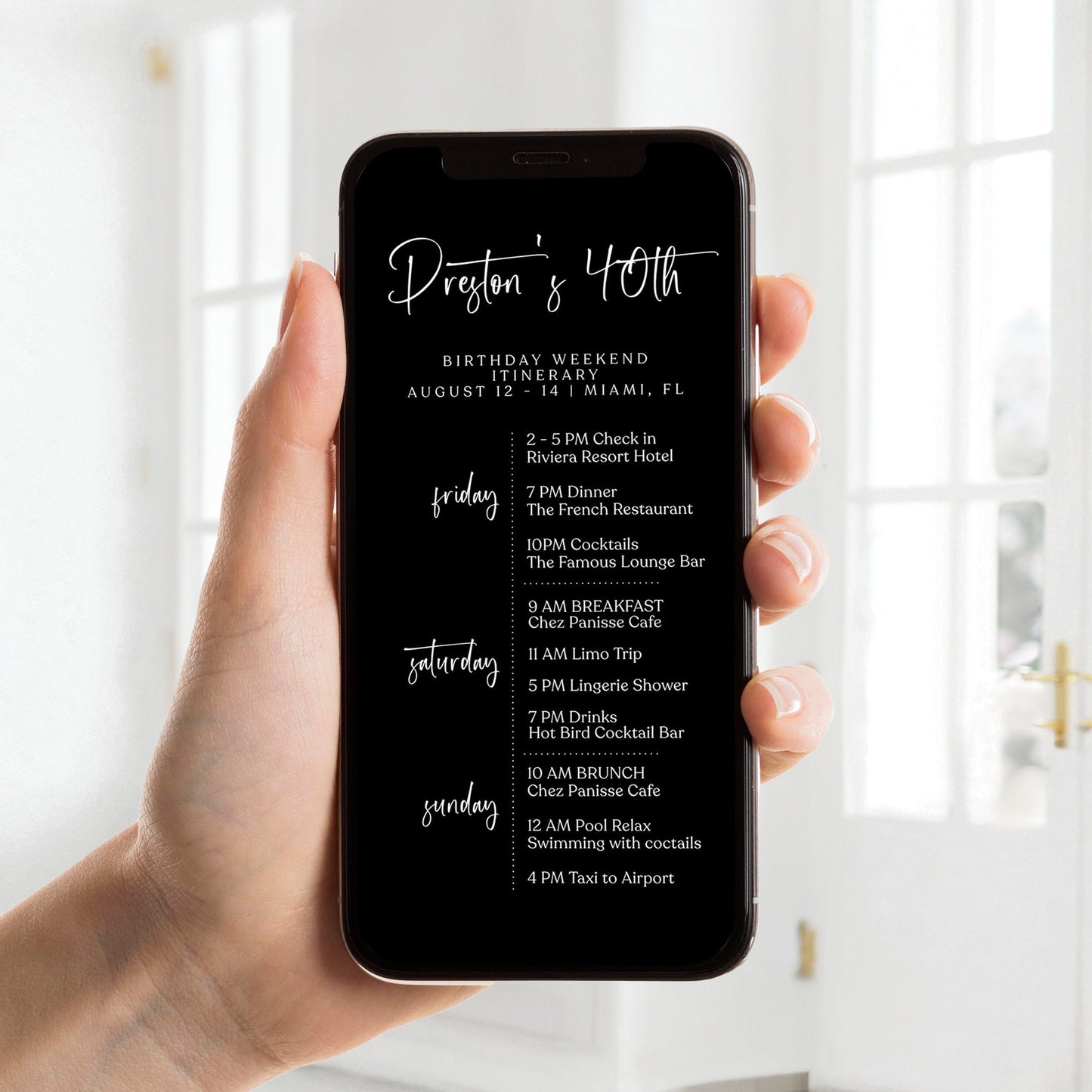 Editable Black 40th Birthday Weekend Itinerary | Digital Forty Birthday Itinerary Template | Simple Birthday Weekend Evite | Instant Download