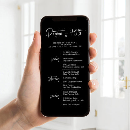 Editable Black 40th Birthday Weekend Itinerary | Digital Forty Birthday Itinerary Template | Simple Birthday Weekend Evite | Instant Download