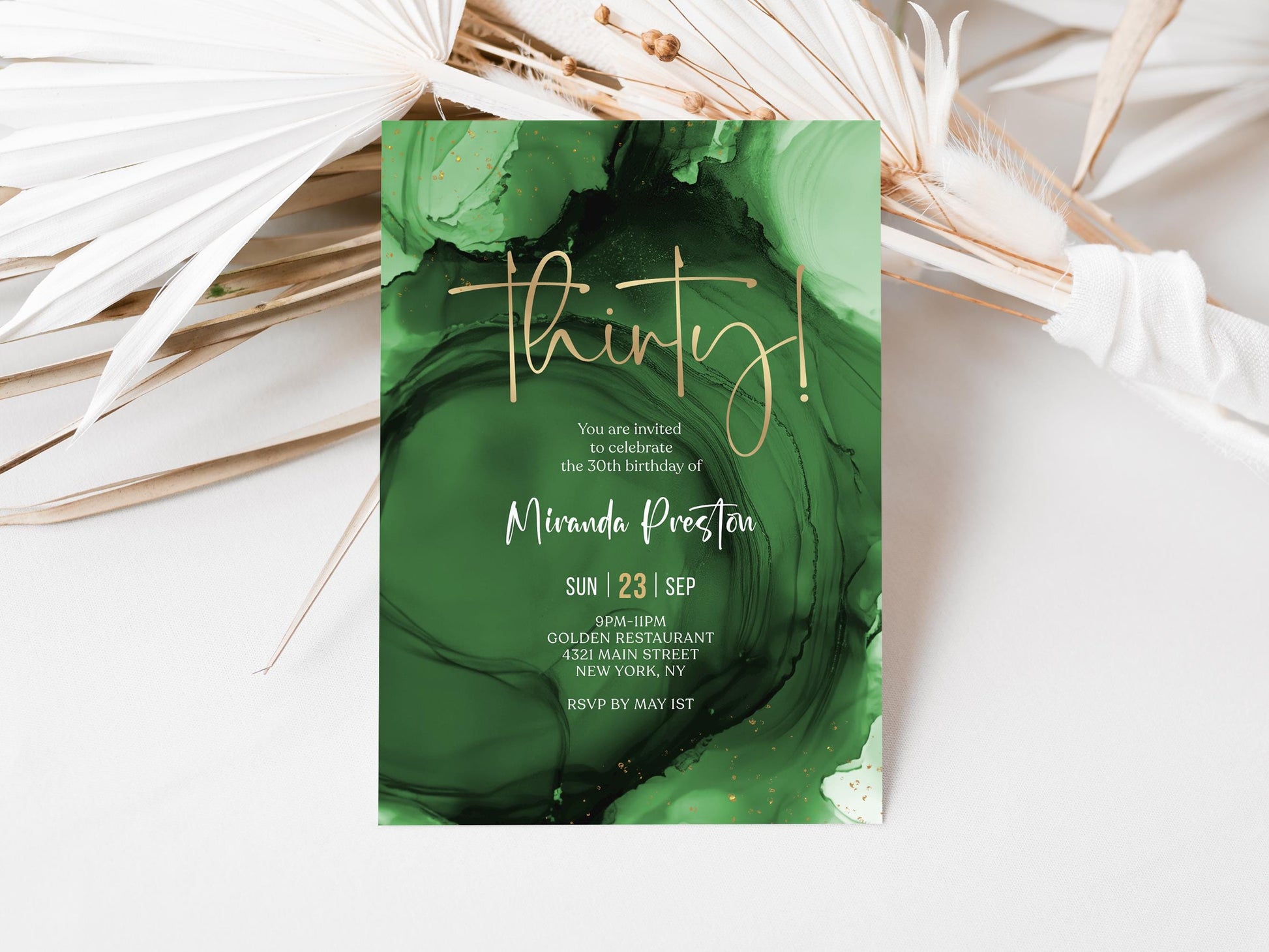 Green Emerald Gold 30th Thirty Birthday Invitation Template, Printable Woman Dinner Party Invite, Editable Surprise Invite, Digital Download