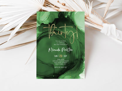 Green Emerald Gold 30th Thirty Birthday Invitation Template, Printable Woman Dinner Party Invite, Editable Surprise Invite, Digital Download