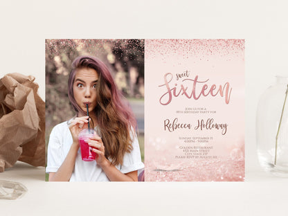 Sweet 16 Rose Gold Glitter Photo Birthday Invitation, Sixteen Party Editable Template, 5x7, Printable Digital Invitation, Instant Download