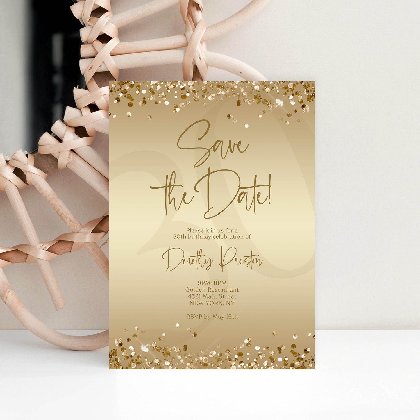 Gold Save the Date Birthday Invitation Template | Editable Any Age Party Invite | Printable Gold Foil Confetti Card | Text Message or Email | Instant Download