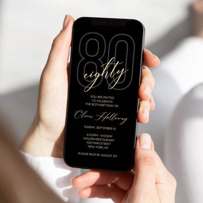 80th Birthday Invitation for Him | Black & Gold Digital Evite | Editable 80th Party Phone Text Message Invite | Men's Electronic Birthday Template