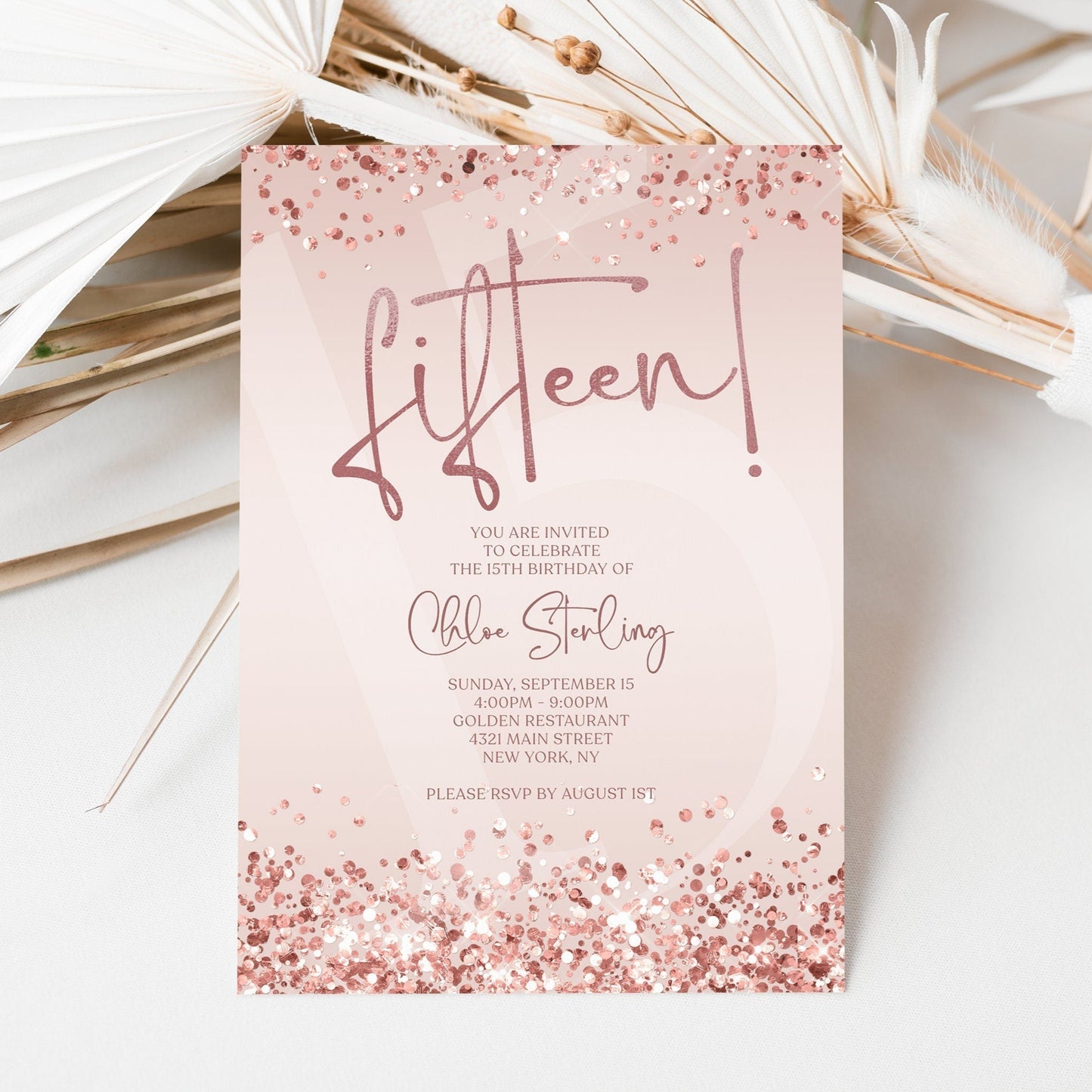 Editable 15th Fifteen Birthday Invitation Template, Printable Rose Gold Confetti Girl Pink Birthday Party Invite, Digital Email Text Message