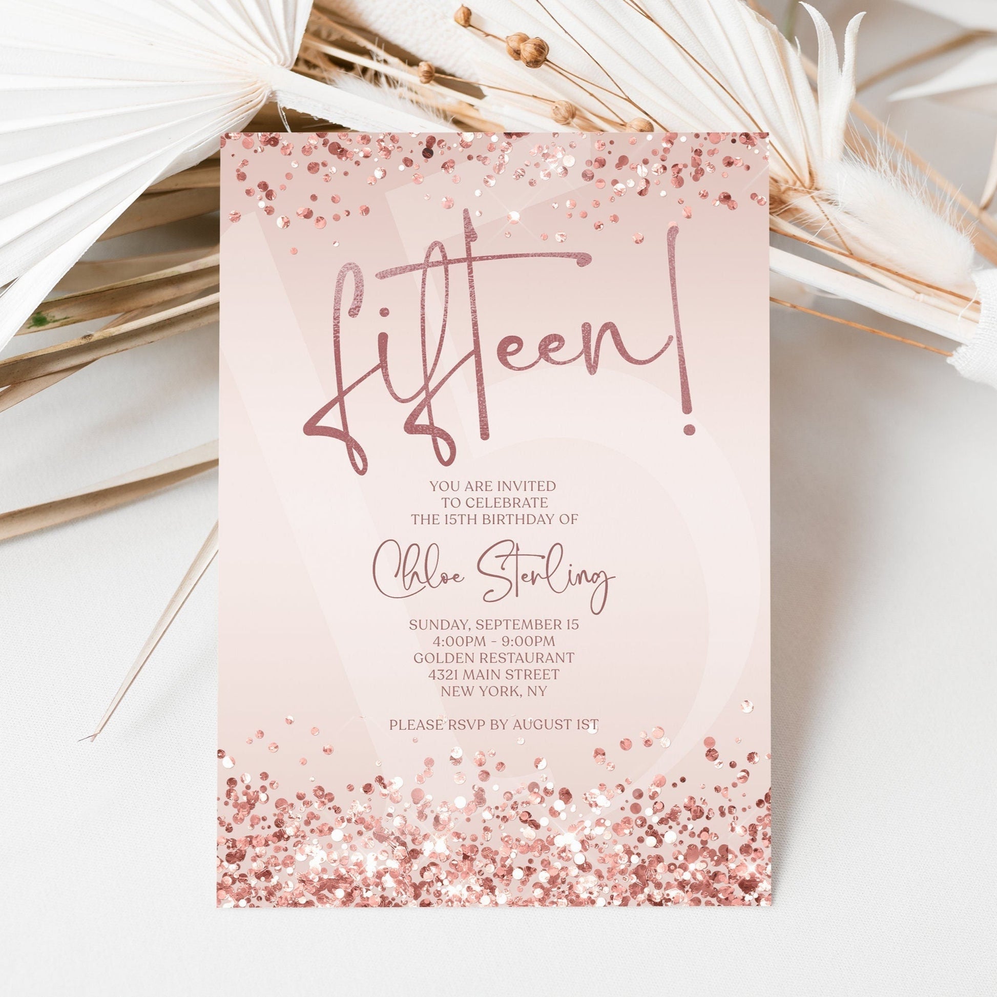Editable 15th Fifteen Birthday Invitation Template, Printable Rose Gold Confetti Girl Pink Birthday Party Invite, Digital Email Text Message