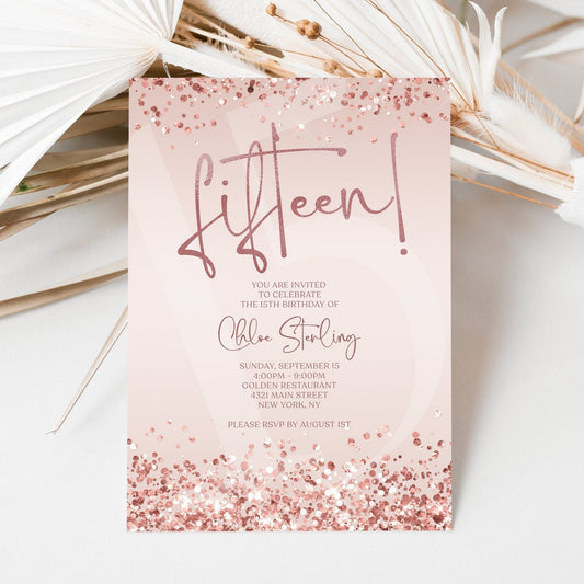 Editable 15th Fifteen Birthday Invitation Template, Printable Rose Gold Confetti Girl Pink Birthday Party Invite, Digital Email Text Message