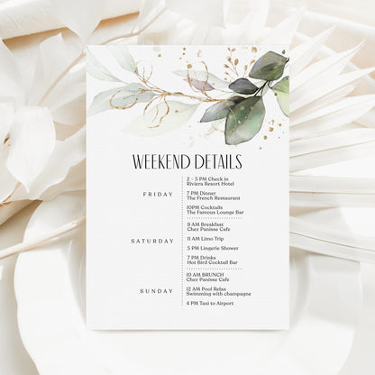 Editable Greenery Wedding Itinerary Card Template, Eucalyptus Wedding Weekend Details Template, Digital Timeline Schedule Weekend Events