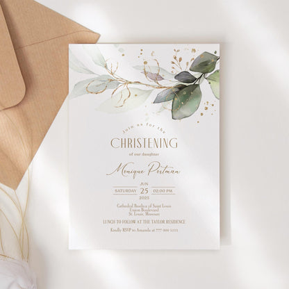 Printable Christening Invitation Card Template, Editable Greenery Eucalyptus Invite, Boy Girl Baptism Invitation, Digital Instant Download