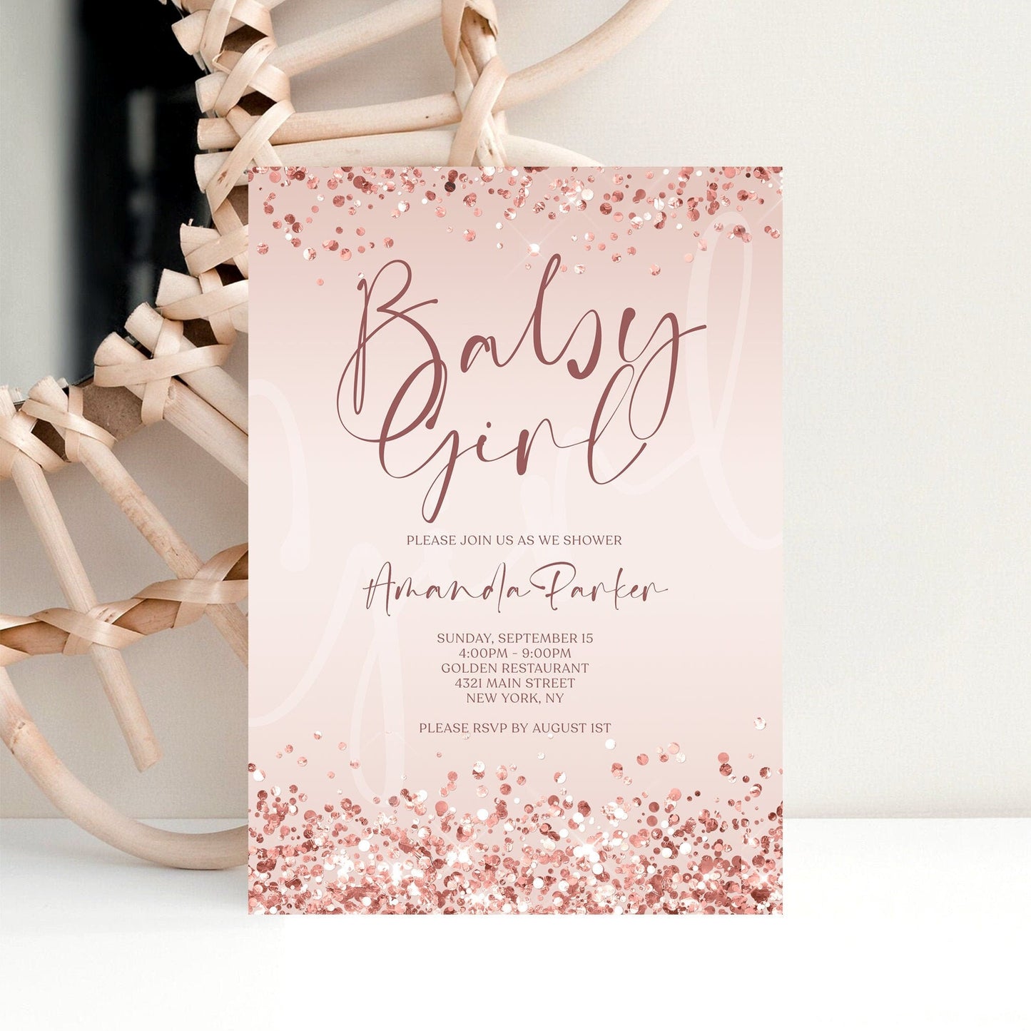 Rose Gold Baby Girl Shower Invitation Template | Editable | Instant Download