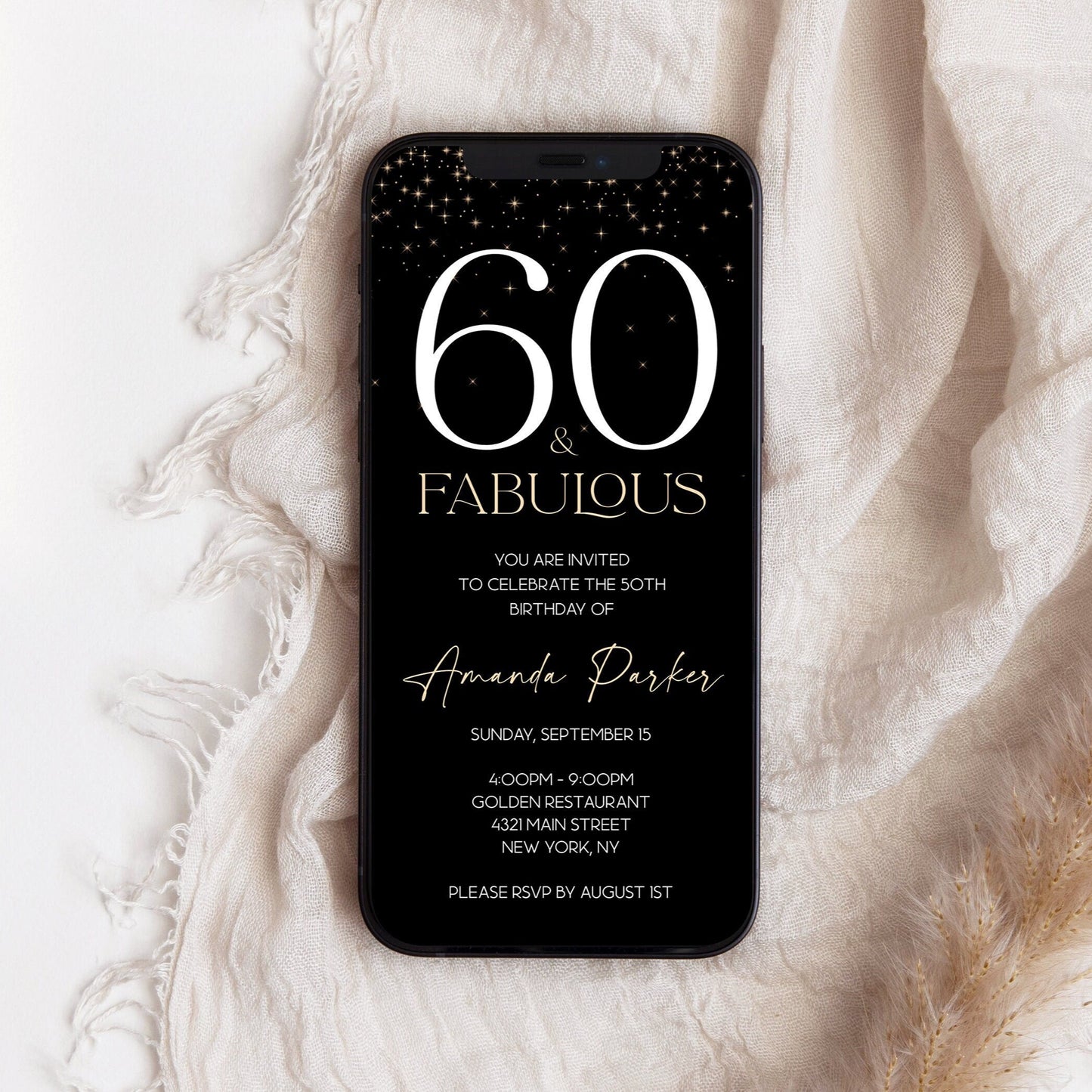 Black and Gold 60th Birthday Invitation | Digital Editable Evite for Phone | Sixty & Fabulous Text Message Invite | Instant Download