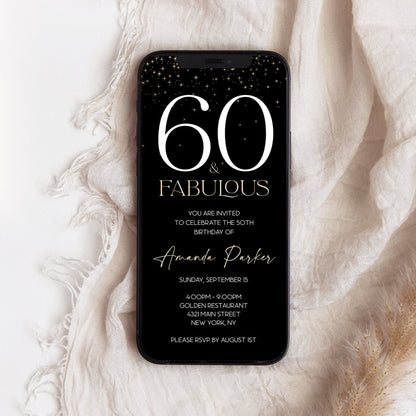 Black and Gold 60th Birthday Invitation | Digital Editable Evite for Phone | Sixty & Fabulous Text Message Invite | Instant Download