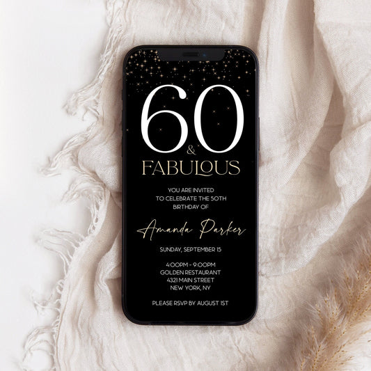 Black and Gold 60th Birthday Invitation | Digital Editable Evite for Phone | Sixty & Fabulous Text Message Invite | Instant Download