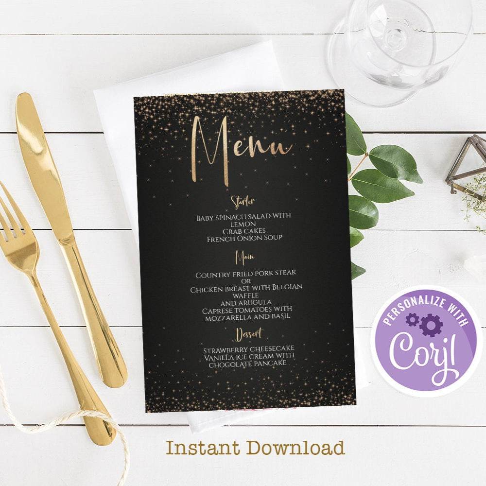 Dark Gold Foil Confetti Menu – Editable Gold Wedding & Birthday Menu Template | Printable Calligraphy Menu | Instant Download