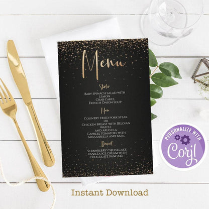 Dark Gold Foil Confetti Menu – Editable Gold Wedding & Birthday Menu Template | Printable Calligraphy Menu | Instant Download